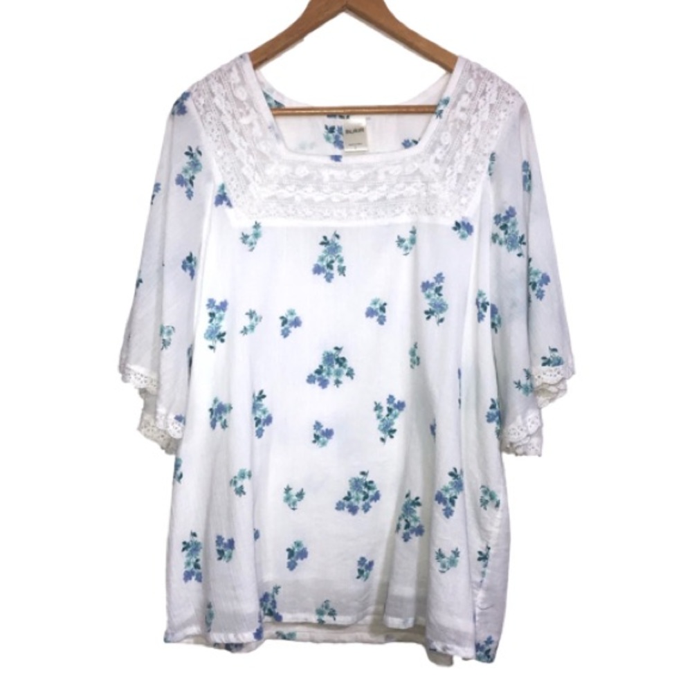 Blair Tunic Top White Floral L Embroidered Lace Inlay Flutter Sleeves Lace